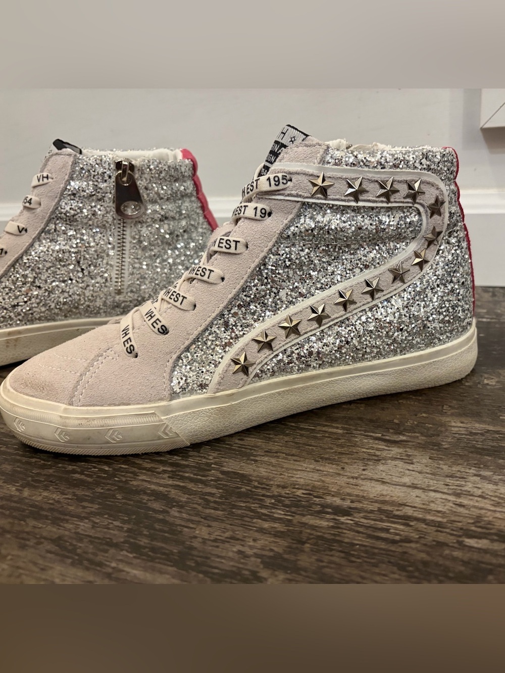 Havana Silver Glitter Star Stud High-Top Sneakers - Silver & Pink